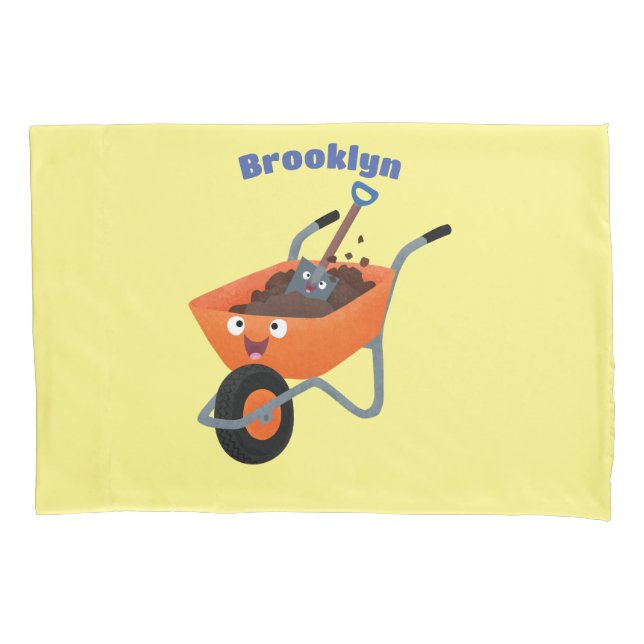 Cute happy orange wheelbarrow cartoon illustration pillowcase (Front)