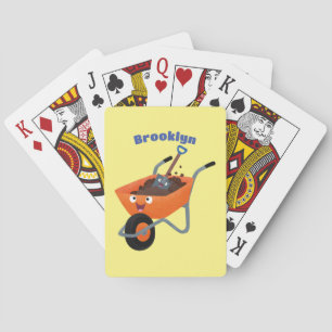 Cute happy orange wheelbarrow cartoon illustration playing cards