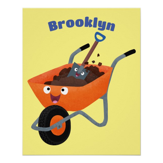 Cute happy orange wheelbarrow cartoon illustration poster (Front)