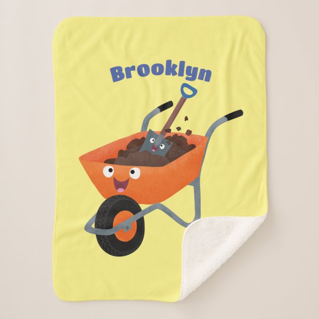 Cute happy orange wheelbarrow cartoon illustration sherpa blanket (Front)