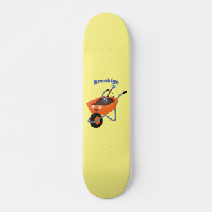 Cute happy orange wheelbarrow cartoon illustration skateboard