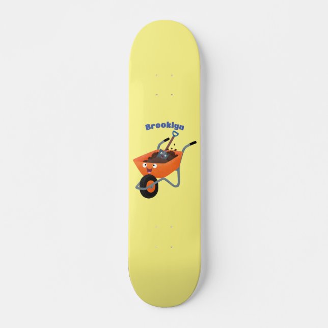 Cute happy orange wheelbarrow cartoon illustration skateboard (Front)