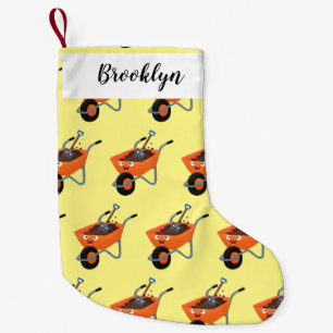 Cute happy orange wheelbarrow cartoon illustration small christmas stocking