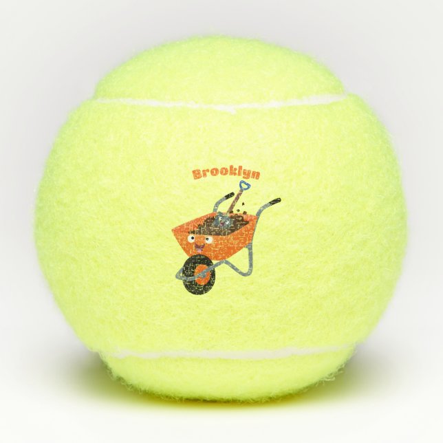 Cute happy orange wheelbarrow cartoon illustration tennis balls (Front)