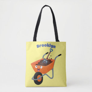 Cute happy orange wheelbarrow cartoon illustration tote bag