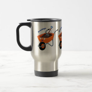 Cute happy orange wheelbarrow cartoon illustration travel mug