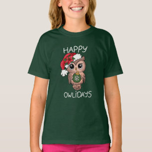 Cute Happy Owlidays Christmas Owl Green T-Shirt