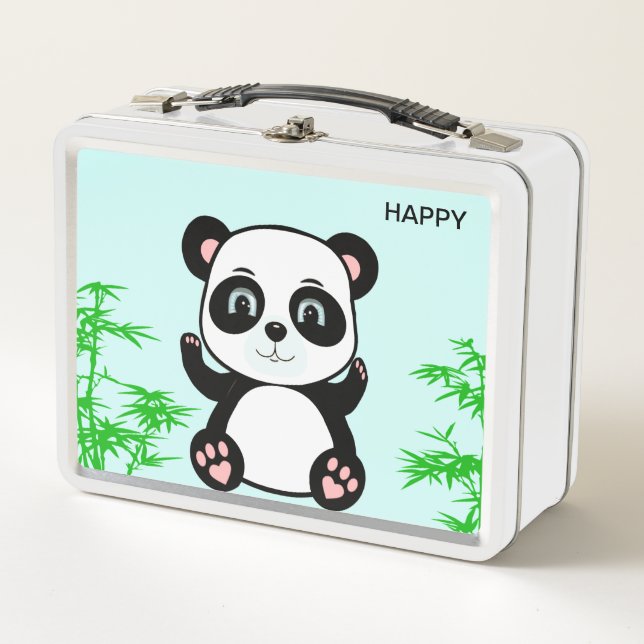 Cute Happy Panda Bear and Bamboo Metal Lunch Box (Front)