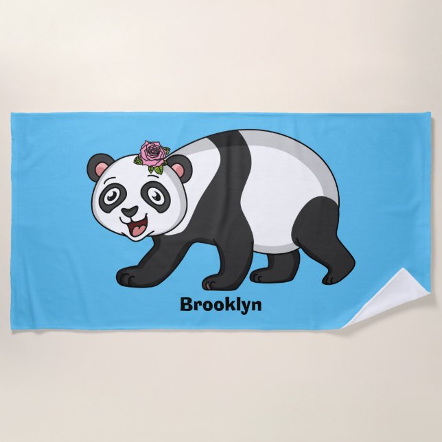Cute happy panda bear with flower cartoon beach towel (Front)