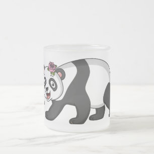 Cute happy panda bear with flower cartoon frosted glass coffee mug
