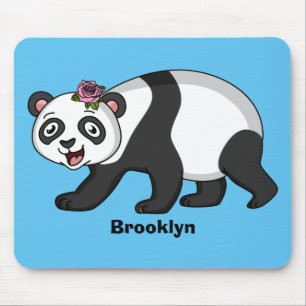 Cute happy panda bear with flower cartoon mouse mat