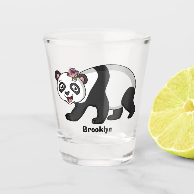 Cute happy panda bear with flower cartoon shot glass (Front)