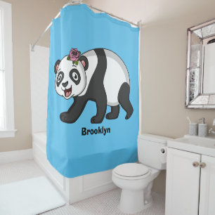 Cute happy panda bear with flower cartoon shower curtain