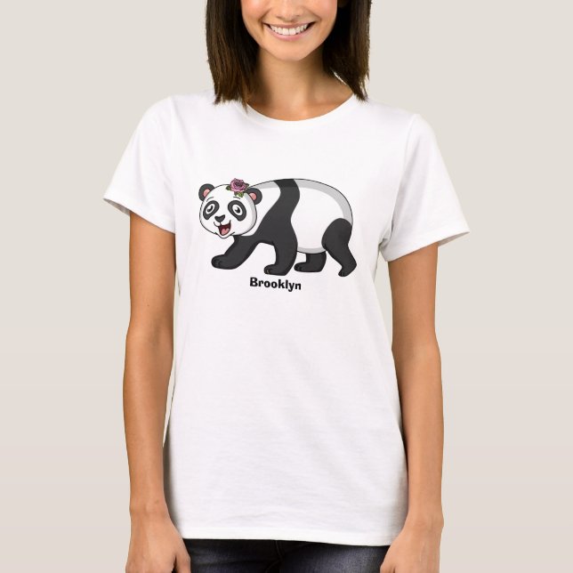 Cute happy panda bear with flower cartoon T-Shirt (Front)