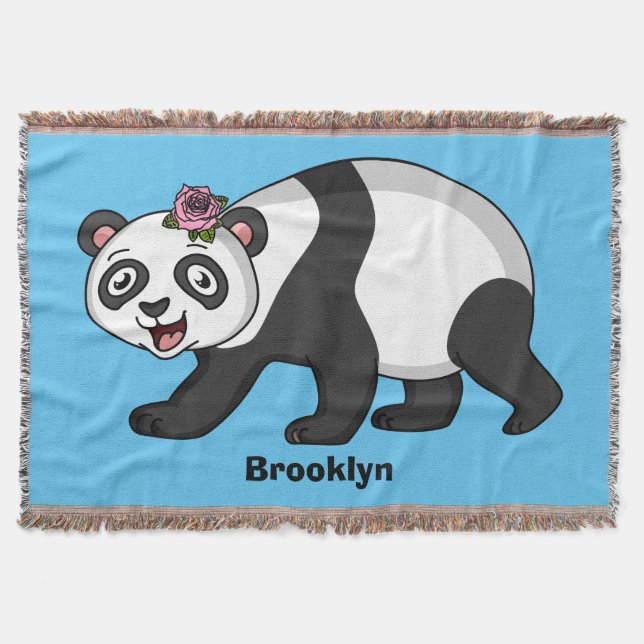 Cute happy panda bear with flower cartoon  throw blanket (Front)