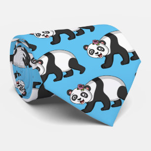 Cute happy panda bear with flower cartoon tie