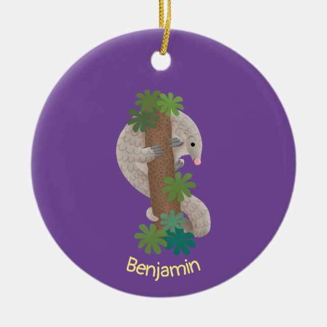 Cute happy pangolin anteater illustration ceramic tree decoration (Front)