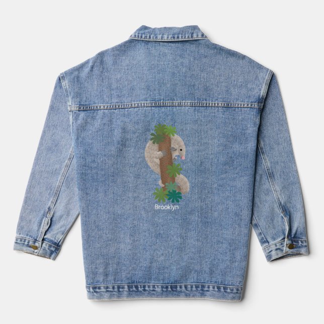 Cute happy pangolin anteater illustration denim jacket (Back)