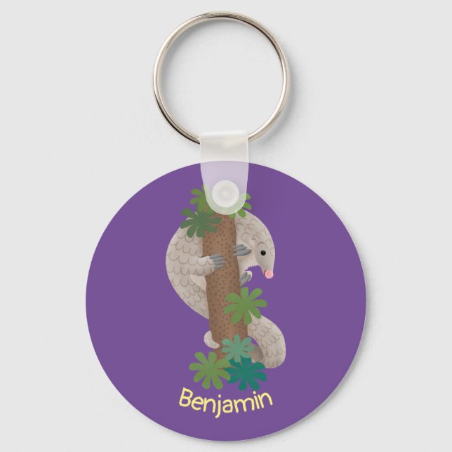 Cute happy pangolin anteater illustration key ring (Front)