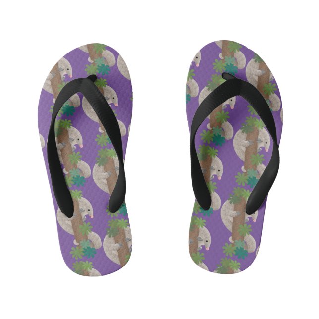 Cute happy pangolin anteater illustration kid's flip flops (Footbed)