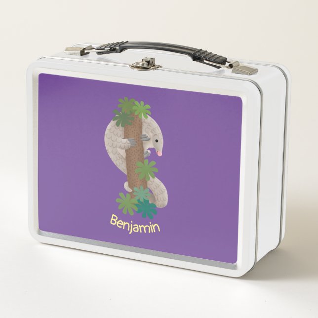 Cute happy pangolin anteater illustration metal lunch box (Front)