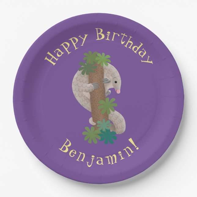 Cute happy pangolin anteater illustration paper plate (Front)