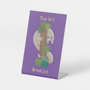 Cute happy pangolin anteater illustration pedestal sign