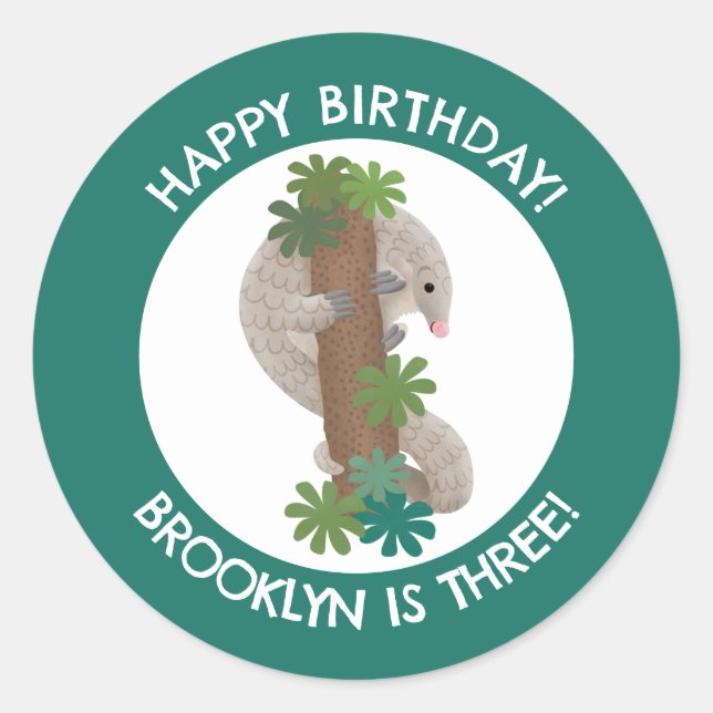 Cute happy pangolin anteater personalised birthday classic round sticker (Front)