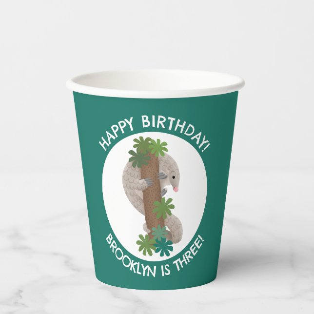 Cute happy pangolin anteater personalised birthday paper cups (Front)