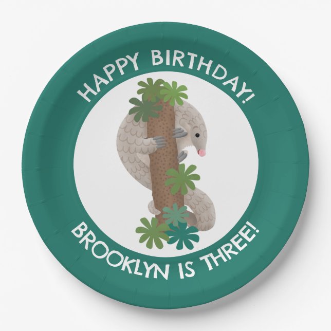 Cute happy pangolin anteater personalised birthday paper plate (Front)