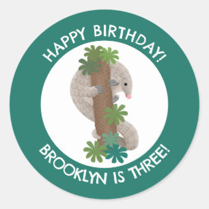 Cute happy pangolin anteater personalized birthday classic round sticker