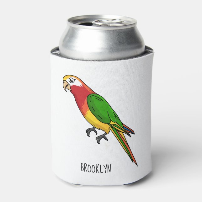 Cute happy parrot cartoon illustration can cooler (Can Front)