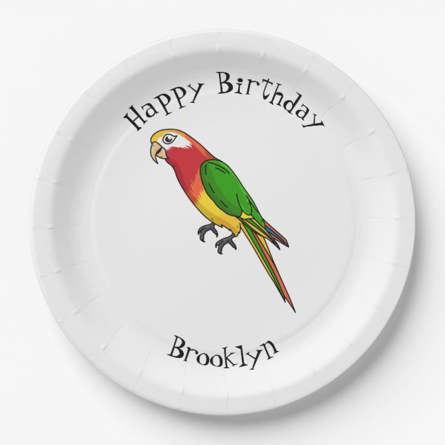 Cute happy parrot cartoon illustration paper plate (Front)