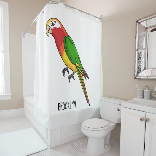 Cute happy parrot cartoon illustration shower curtain (In Situ)