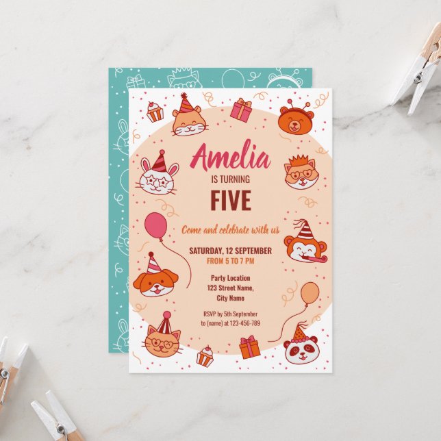 Cute happy party animals kids birthday invitation (Front/Back In Situ)