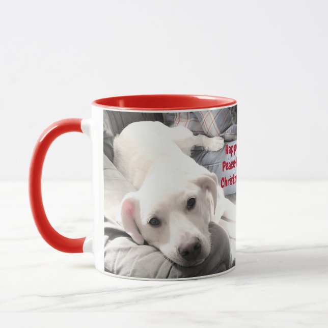 Cute Happy Peaceful Christmas White Puppy Dog Red Mug (Left)