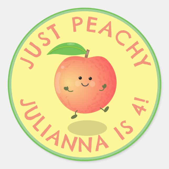 Cute happy peach cartoon personalised birthday classic round sticker (Front)