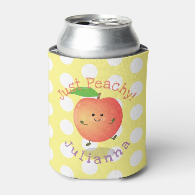 Cute happy peach yellow cartoon illustration can cooler (Can Front)