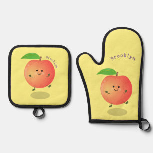 Cute happy peach yellow cartoon oven mitt & pot holder set