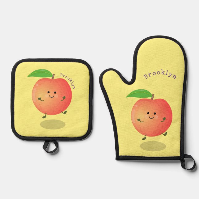 Cute happy peach yellow cartoon oven mitt & pot holder set (Front)
