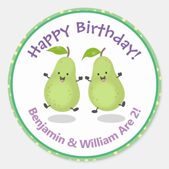 Cute happy pears twins cartoon illustration classic round sticker (Front)
