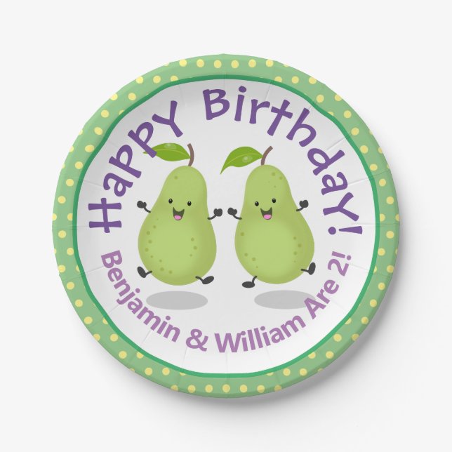 Cute happy pears twins cartoon illustration paper plate (Front)