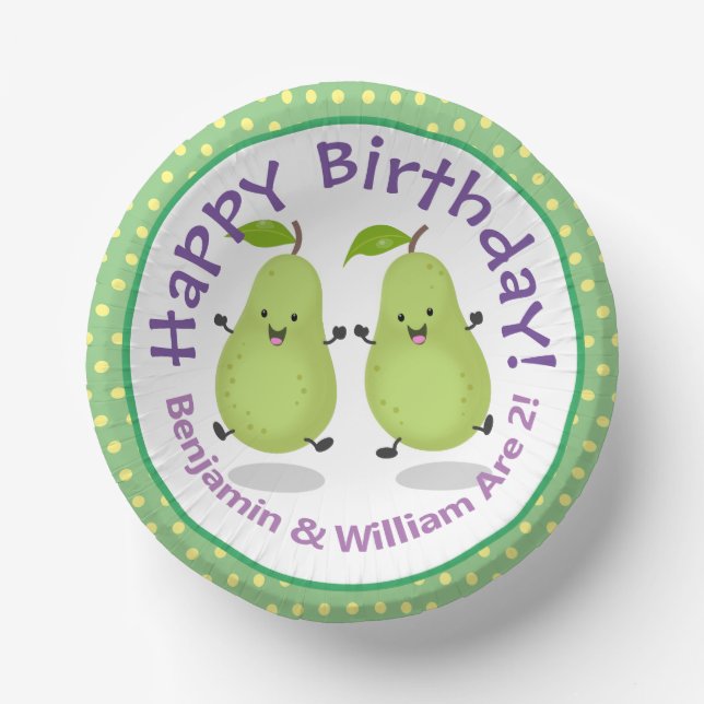 Cute happy pears twins cartoon illustration paper plate (Front)