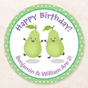 Cute happy pears twins cartoon illustration round paper coaster
