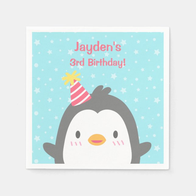 Cute Happy Penguin Birthday Party Napkins (Front)