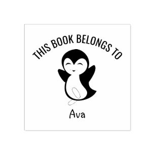 Cute Happy Penguin This Book Belongs to Name Rubber Stamp