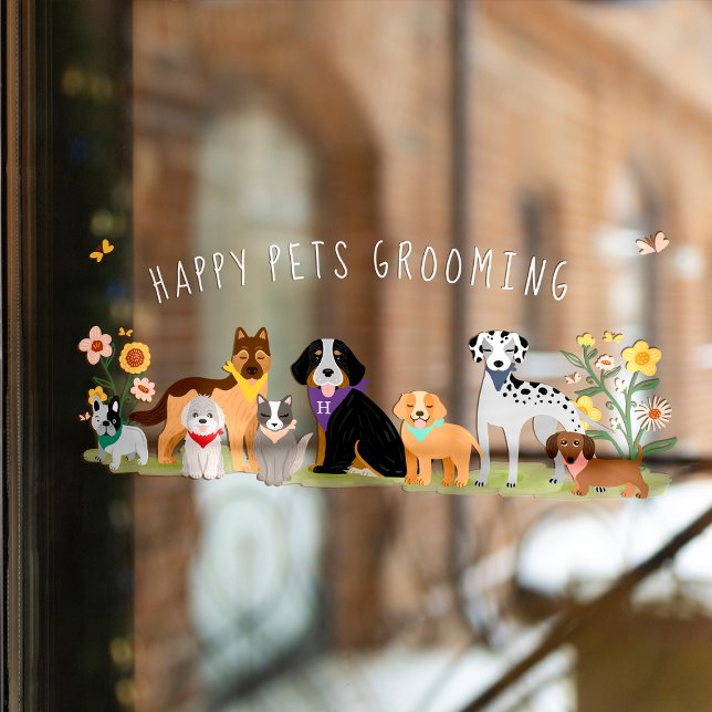 Cute Happy Pet Family Pet Care, Grooming Business Window Cling (Creator Uploaded)