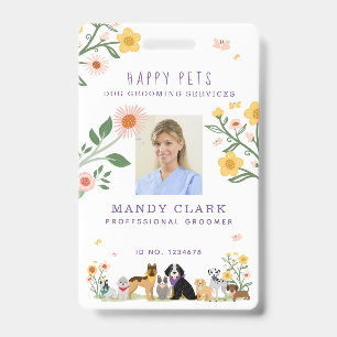 Cute Happy Pet Family Pet Care & Grooming Photo ID Badge