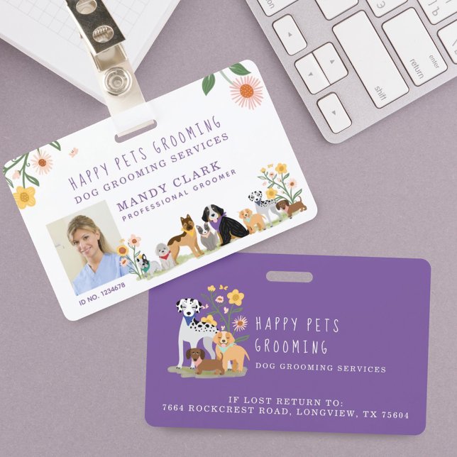 Cute Happy Pet Family Pet Care & Grooming Photo ID Badge (Creator Uploaded)