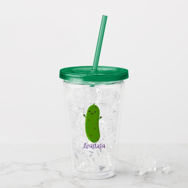 Cute happy pickle cartoon illustration acrylic tumbler (Back Ice)